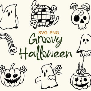Halloween Groovy SVG Bundle - Retro Spooky Clipart, Hippie Ghost & Pumpkin Line Art for 70s Vibes