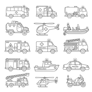 Puede incluir: Ilustración en blanco y negro de varios vehículos de emergencia. La imagen incluye un autobús, una ambulancia, un camión cisterna, un vehículo blindado, un helicóptero, una lancha de rescate, un camión de bomberos, una ambulancia, un camión de bomberos, una lancha ambulancia, un coche de policía, un camión de bomberos con escalera, un helicóptero y una moto de policía.