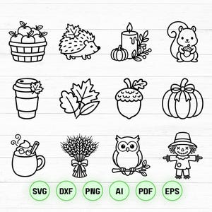 May include: A collection of twelve black and white line art icons featuring autumn themes including a basket of apples, a hedgehog, a candle with a pumpkin, a squirrel with an acorn, a coffee cup, leaves, an acorn, a pumpkin, a mug, wheat, an owl, and a scarecrow, with file format text SVG, DXF, PNG, AI, PDF, and EPS.