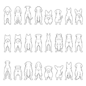 May include: A black and white line drawing of various dog breeds from the rear. The dogs are depicted in different poses, with varying tail shapes and fur textures. The image is a collection of dog butt illustrations.