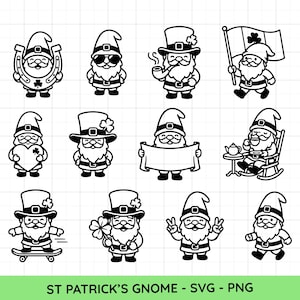 May include: Black and white illustrations of St. Patrick's Day gnomes in various poses. Gnomes are depicted with hats, beards, and accessories like a horseshoe, sunglasses, a pipe, a flag, a heart, a banner, a teacup, a skateboard, and a four-leaf clover. Text: ST PATRICK'S GNOME - SVG - PNG.