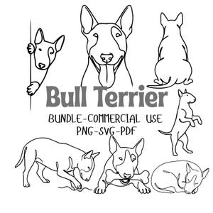 Puede incluir: Ilustraciones en blanco y negro de Bull Terriers en varias poses. La imagen incluye el texto "Bull Terrier" y "BUNDLE - COMMERCIAL USE PNG-SVG-PDF".