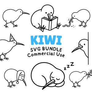 May include: A digital graphic set featuring black and white line art of kiwi birds in various poses, including reading, sleeping, and wearing a party hat. The central text reads KIWI SVG BUNDLE Commercial Use in blue and black lettering.