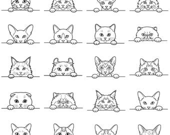 Paquete SVG de razas de gatos asomando / Vector minimalista de gatito (descarga digital)