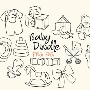 Hand Drawn Baby Doodle SVG Bundle, Nursery Line Art PNG Vector Elements, Cute Infant Element Clipart