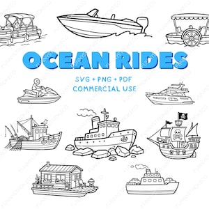 Ocean Rides SVG Bundle | Sea Transportation Clipart | Cruise Pirate Ship Vector | Submarine PNG