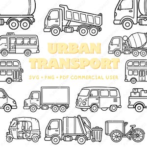 May include: Black and white line art illustrations of various urban transport vehicles, including trucks, buses, and vans. The text "URBAN TRANSPORT" is displayed in a yellow font. The image also includes the text "SVG + PNG + PDF COMMERCIAL USER".