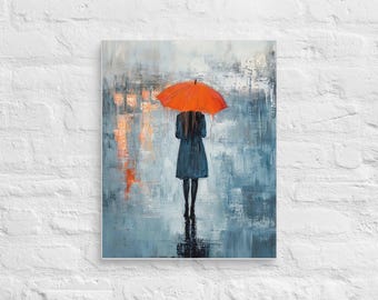 Donna con ombrello rosso sotto la pioggia / Dipinto astratto di una giornata piovosa su tela / Scena urbana di pioggia malinconica, Arte murale malinconica