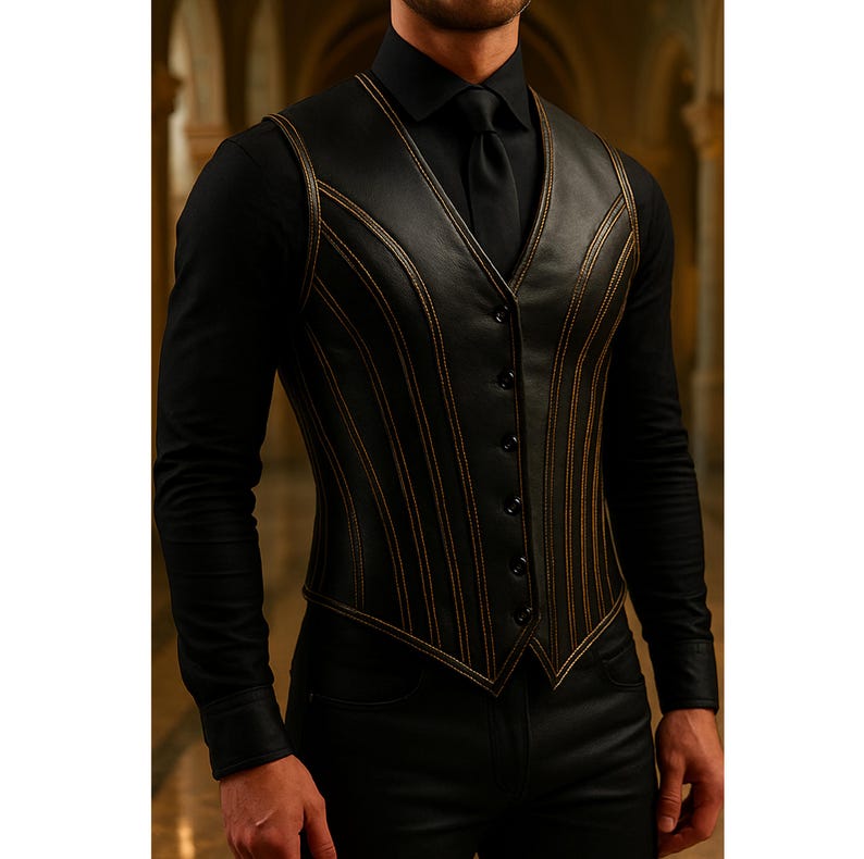 May include: Black leather vest with vertical gold stitching and a button-up front. The vest is worn over a black long-sleeve shirt and black pants. The vest has a V-neck design and a tailored fit.