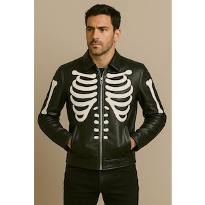 Black Sheep Leather Skeleton Jacket – Slim Fit Biker Style with White Rib & Spine Design – Halloween Costume or Statement Fashion Piece