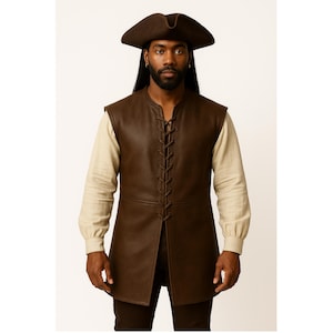 Medieval Leather Jerkin for Men – Pirate Style Thigh-Length Lace-Up Vest – Brown leather jerkin – Only Jerkin Included