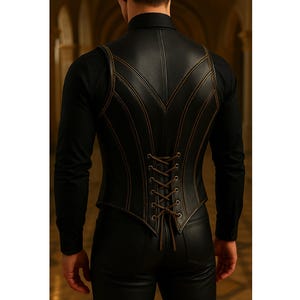 May include: Black leather vest with brown stitching and a lace-up back. The vest has a tailored fit and a decorative design on the back. The vest is worn over a black long-sleeve shirt.
