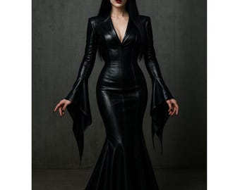 Morticia Addams Inspired Black Leather Gown – Gothic Long Sleeve Dress – Women’s Cosplay Costume – Elegant Witchy Outfit – Handmade Custom