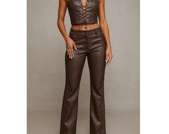 Brown Leather Lace-Up Crop Top Set: High-Waisted Pants, Festival Clubwear