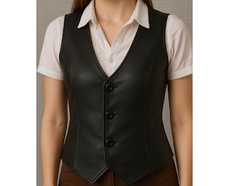 Fitted Black Leather Vest: Women's Button-Up Waistcoat, Adjustable Back