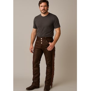 Men’s Brown Leather Fringe Pants – Western Cowboy Style with Side Fringes, Button Closure – Full Length Genuine Leather Trousers