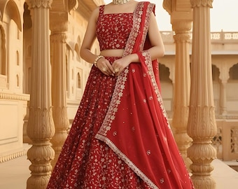 Conjunto Lehenga Choli de novia con estampado floral rojo para mujer / Conjunto Lehenga bordado color granate / Atuendo de novia para boda india / Ropa para fiesta Sangeet. Listo para enviar.