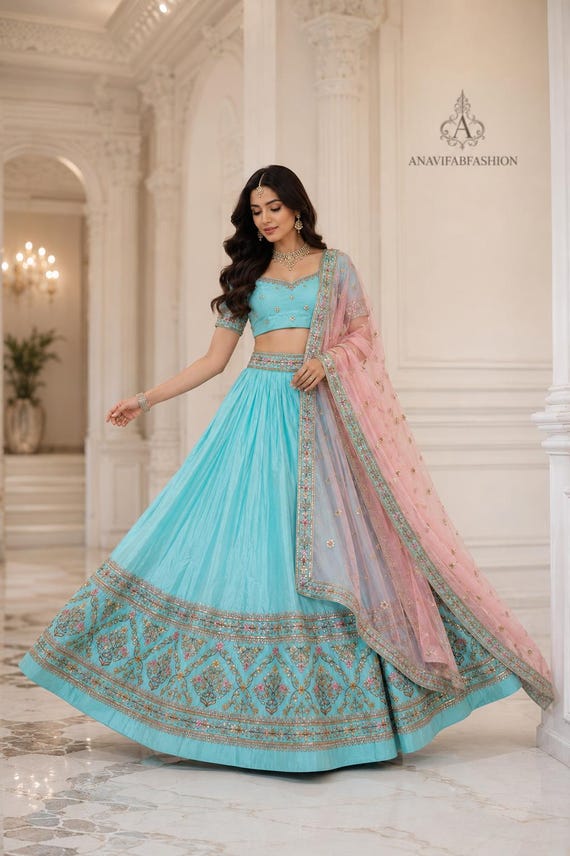 aqua blue indian dress Lehenga Choli Set, Pink Dupatta, Wedding Lehenga, Bridal Lehenga, Wedding Guest Outfit, Lehenga for Women, festive outfit Solid prom suits Georgette Palazzo Fabric Gothic Black A-Line Boho Color:Victorian Rose