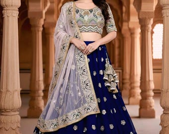 Designer Lehenga Choli for Women | Navy Blue Indian Lehenga Set with Embroidery & Dupatta | Wedding  Festive Wear