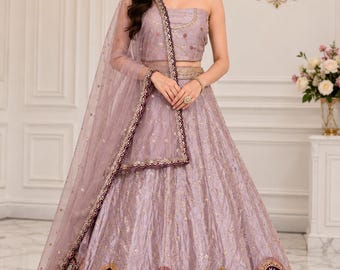 Dusty Mauve Braut Lehenga Choli Set, Wein Pfau Gesticktes Indisches Lehenga, Hochzeitsgast Outfit, Designer Lehenga für Frauen, Sondergröße