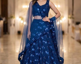 Royal Blue Lehenga Choli, Sequin Lehenga Set, Party Wear Lehenga, Bridal Lehenga, Wedding Guest Outfit, Indian Designer Lehenga