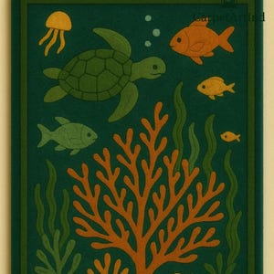 Hand-Tufted Wool Ocean Rug: Sea Turtle, Coral & Fish - Kids Playroom Carpet