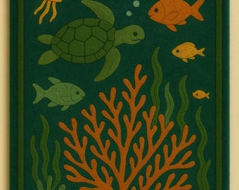 Hand-Tufted Wool Ocean Rug: Sea Turtle, Coral & Fish - Kids Playroom Carpet