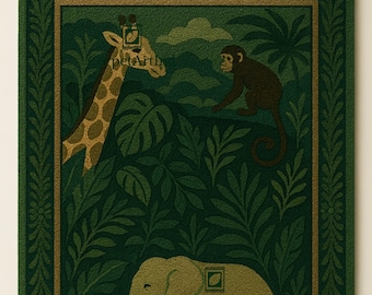 Hand-Tufted Wool Jungle Safari Rug: Elephant, Giraffe & Monkey