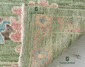 Hand-Knotted Oushak Wool Rug | Sage Green Floral Vintage Style