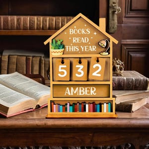 3D Wooden Books Read Tracker Sign, Rustic Bookshelf Reading Counter, Book Lover Gift