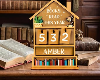 3D Wooden Books Read Tracker Sign, Rustic Bookshelf Reading Counter, Book Lover Gift