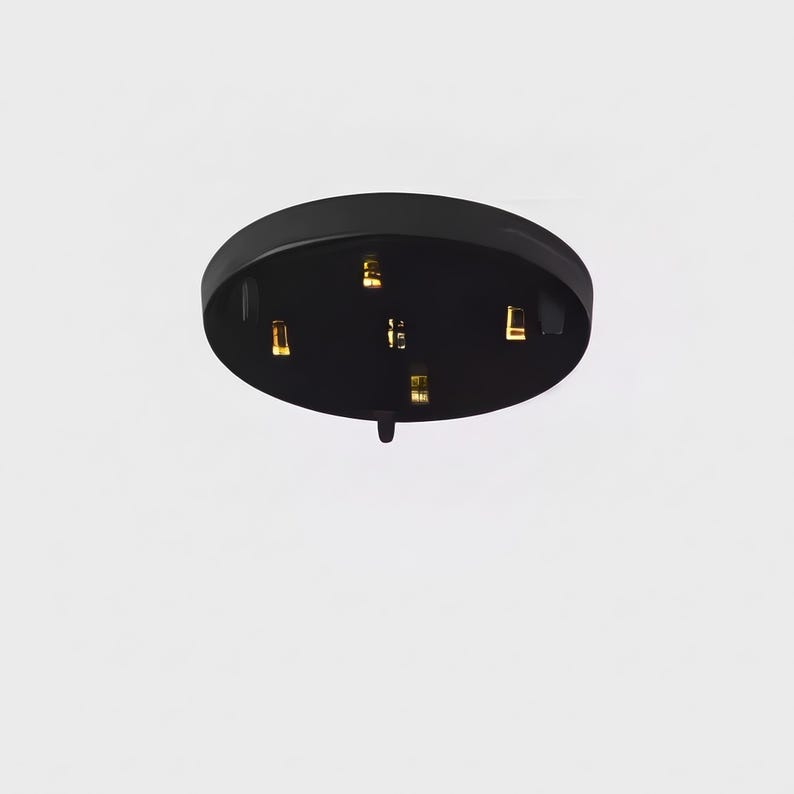 May include: A black ceiling light canopy with gold-colored electrical contacts. The round canopy has a small, downward-facing projection and is set against a white background. The canopy is designed for mounting a light fixture.
