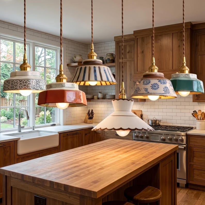 May include: Five pendant lights with ceramic shades hang above a kitchen island. The shades are various colors and patterns, including blue floral, red, and white scalloped edges. The lights have brass fixtures and brown cords.
