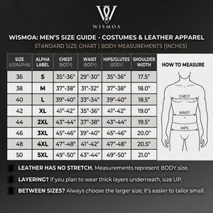 May include: A black and white size guide chart for costumes and leather apparel by WISMOA. The table lists sizes 36 to 50 with corresponding alpha labels, chest, waist, hips, and shoulder measurements in inches, alongside a diagram for measuring.