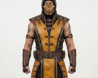 Premium Scorpion Leather Costume Set | Yellow Ninja Cosplay Armor Vest, Pants & Arm Guards | Mortal Kombat Halloween Cosplay Outfit
