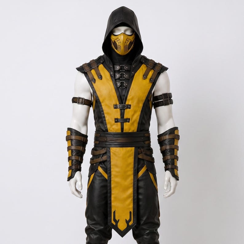 May include: A yellow and black hooded costume featuring a matching yellow face mask, shoulder armor, arm guards, and a belt with multiple straps and buckles. The outfit includes a sleeveless tunic with a long front panel and fitted trousers.