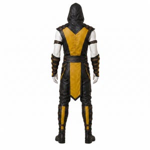 May include: A full-body costume featuring a black and yellow sleeveless tunic with a hood, matching black pants with yellow leg panels, and black arm and leg guards secured with brown straps. The outfit includes a long yellow tabard panel.
