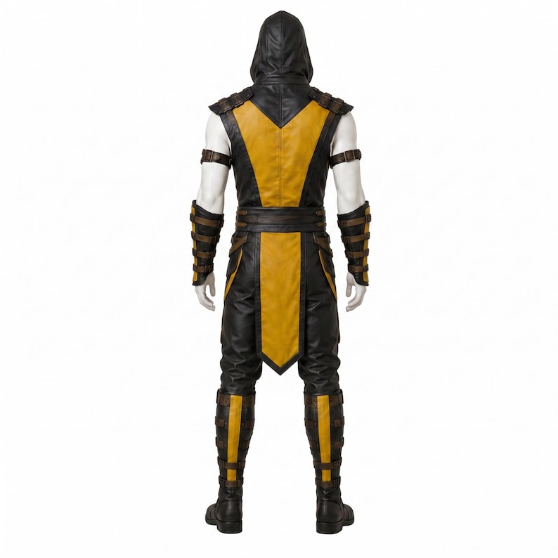 May include: A full-body costume featuring a black and yellow sleeveless tunic with a hood, matching black pants with yellow leg panels, and black arm and leg guards secured with brown straps. The outfit includes a long yellow tabard panel.