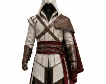 White & Red Assassin Leather Costume | Hooded Fantasy Armor Outfit | RPG Game Cosplay | Medieval Rogue Hooded Coat | LARP Warrior Suit