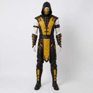 May include: A full-body costume featuring a black and yellow sleeveless tunic with a matching hood, a yellow face mask, black arm guards, and black leg guards with yellow accents. The outfit includes multiple straps and buckles throughout.