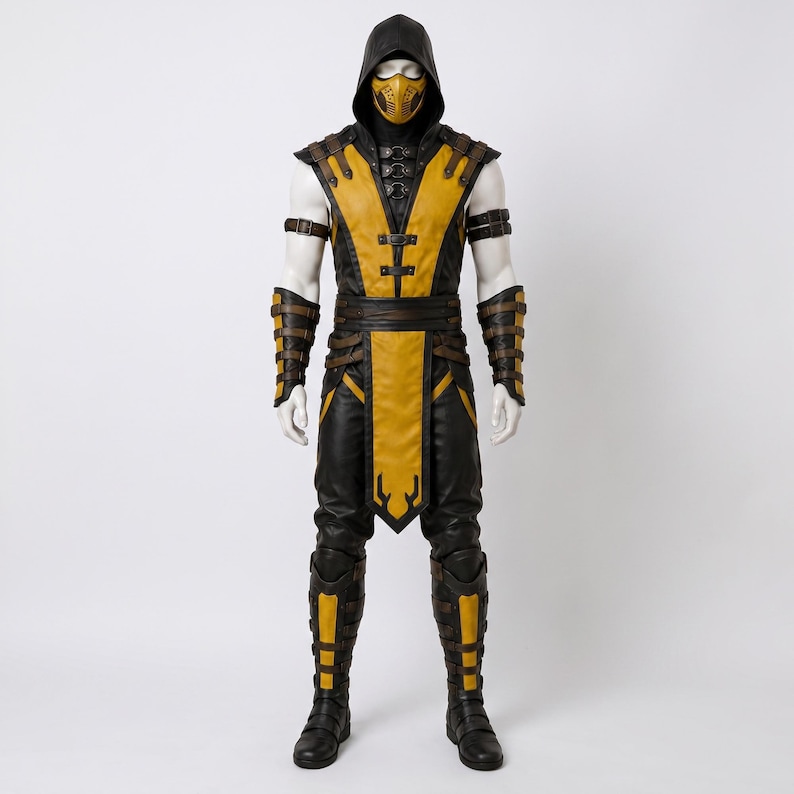 May include: A full-body costume featuring a black and yellow sleeveless tunic with a matching hood, a yellow face mask, black arm guards, and black leg guards with yellow accents. The outfit includes multiple straps and buckles throughout.