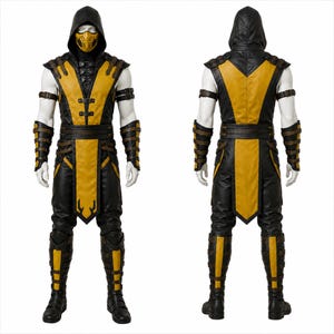 May include: A full-body costume featuring a black and yellow sleeveless tunic with a hood, a matching yellow face mask, black trousers, and arm and leg guards with buckle straps. The ensemble includes a long yellow tabard and black boots.