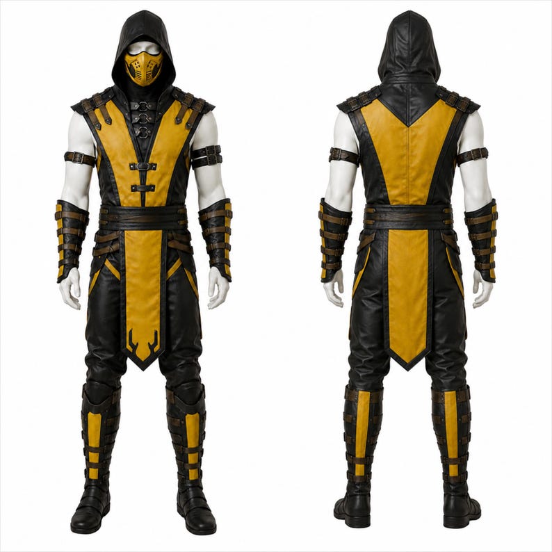 May include: A full-body costume featuring a black and yellow sleeveless tunic with a hood, a matching yellow face mask, black trousers, and arm and leg guards with buckle straps. The ensemble includes a long yellow tabard and black boots.
