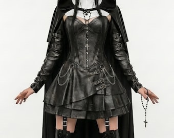 Gothic Leather Nun Costume Set – Black Corset, Hooded Cloak & Mini Skirt | Dark Cosplay Outfit