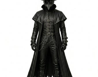 May include: A black plague doctor costume featuring a long leather-like coat with a tattered hem, a matching vest with multiple silver buckles, fitted trousers, and tall boots. The ensemble includes a wide-brimmed top hat and a bird-like mask.