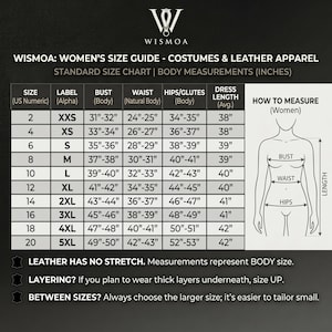 May include: A black and white size guide chart for costumes and leather apparel by Wismoa. The chart lists US numeric sizes 2 through 20 with corresponding alpha labels, bust, waist, hip, and dress length measurements in inches for body sizing.