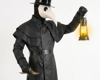Leather Dr Plague Costume Set – Black Medieval Doctor Cosplay Outfit with Long Coat, Mask, Hat & Gloves | Gothic Halloween Costume