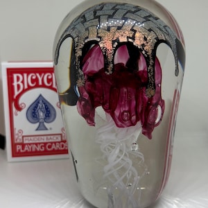 Hand Blown Glass Jellyfish Double Layer Paperweight Solid Glass Ocean Sculpture (Dichroic Basket Weave / Ruby / White)