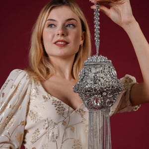 Royal Radiance Silver Minaudière – Beaded Mughal Lantern Potli with Crystal Embellishments | Bridal Luxury Clutch | Velleso Festive Bag