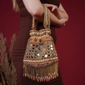Gold Mirror Potli Clutch, Premium Women Potli Pouch, Wedding Purse for Girls, Drawstring Potli Purse